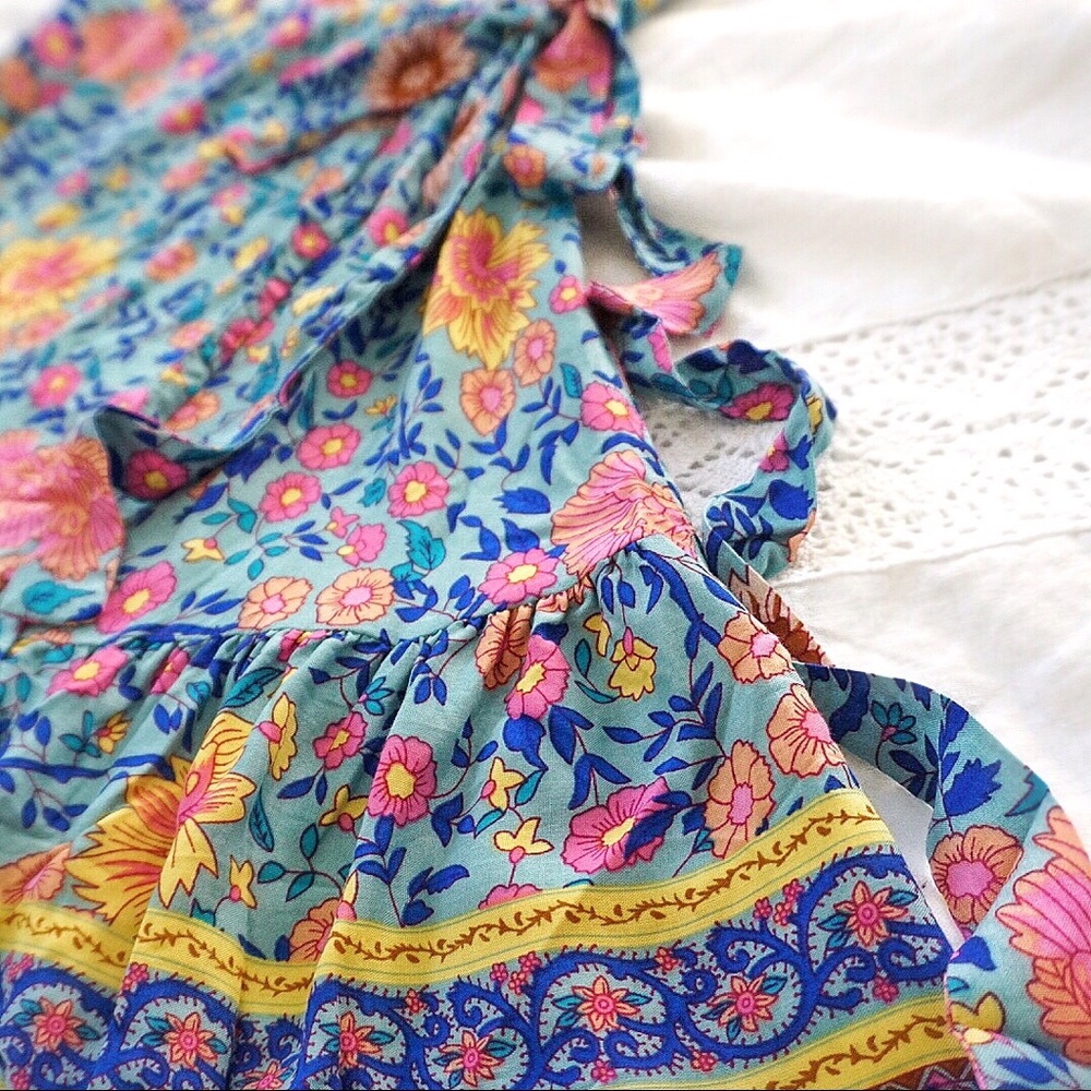 Turquoise Floral Boho Ruffle Mini Wrap Dress S M L - Picture 3 of 5